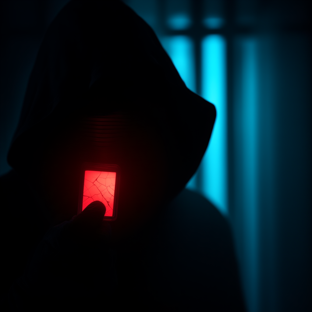 ACCESS SNEAK, the imposter, caught holding a forged badge under a red scanner.