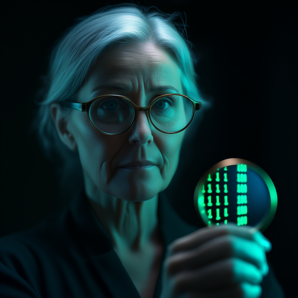 Oracle, the researcher and verifier, holding a monocle keypass badge with code reflecting in it.