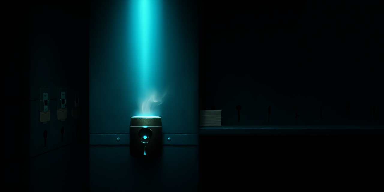 A steaming mug of coffee resting on the vault’s honesty box, cyan light along its lid.