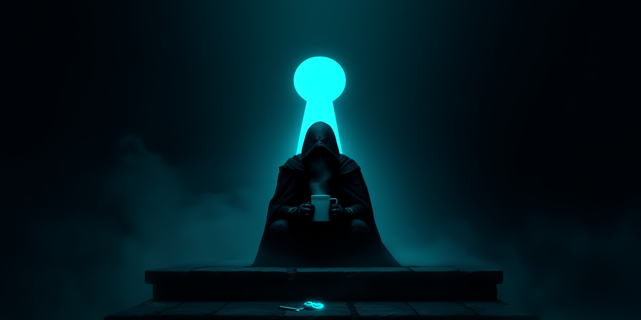 A steaming mug of coffee resting in the CipherGate keyhole, steam curling up into wisps of digital rain.
