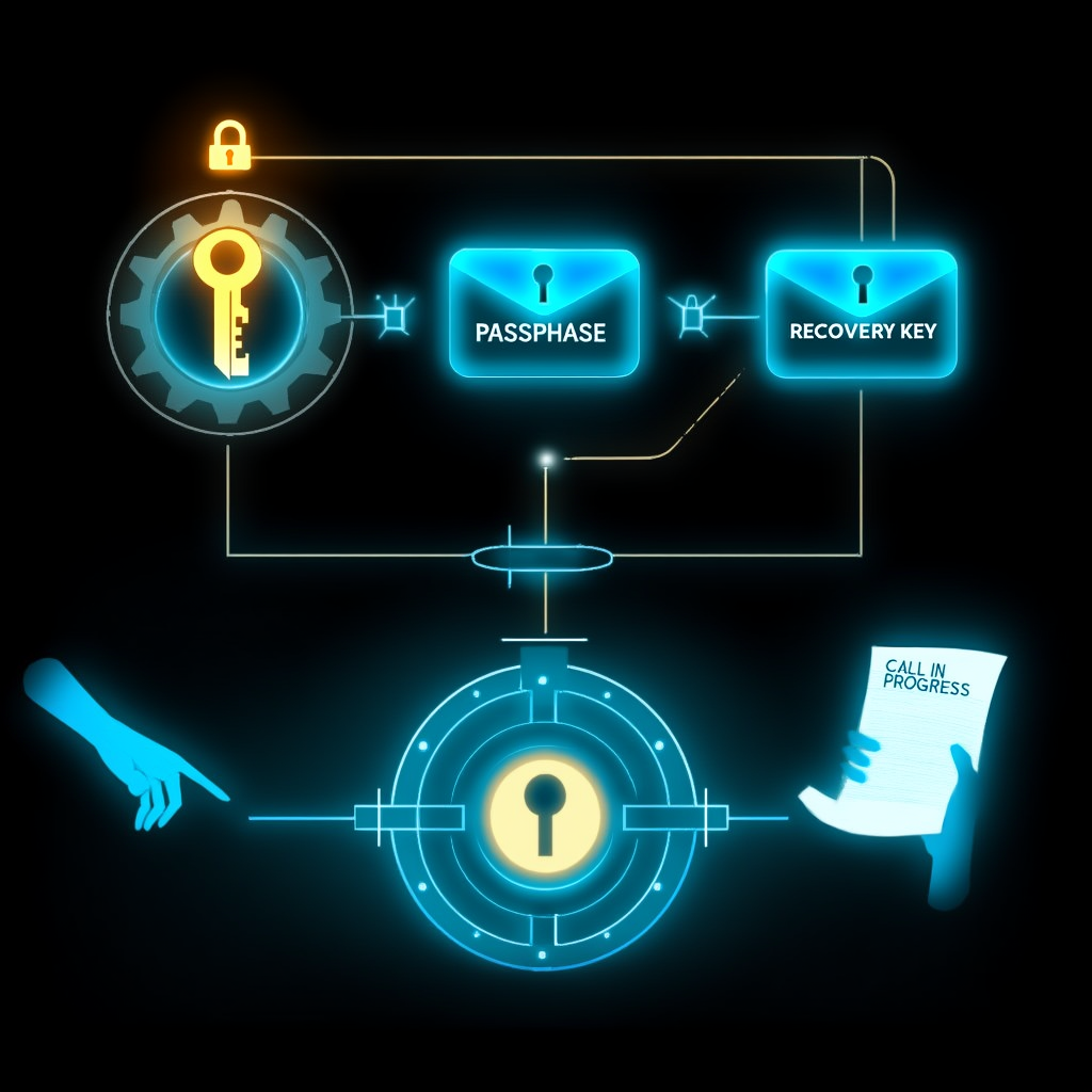Encryption model: a Service Key wrapped by a Data Key, sealed into passphrase and recovery-key envelopes, stored in the vault.