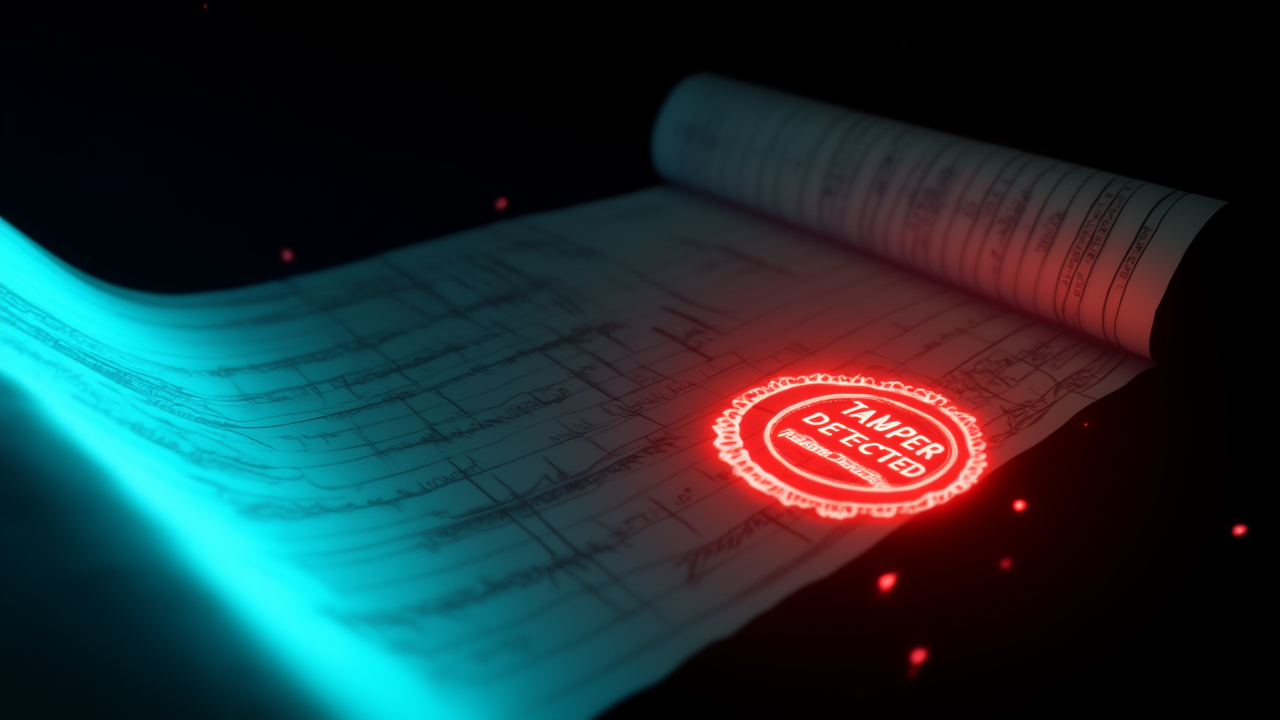 The append-only ledger with a TAMPER DETECTED stamp on a forged entry.